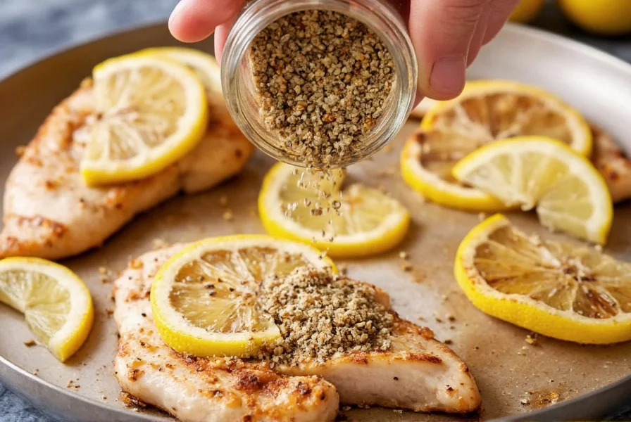Homemade lemon pepper seasoning being sprinkled over grilled chicken breast with lemon slices