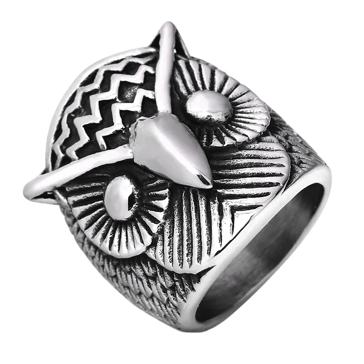 

Charare custom engraving logo stainless steel punk style owl ring for men, Silver