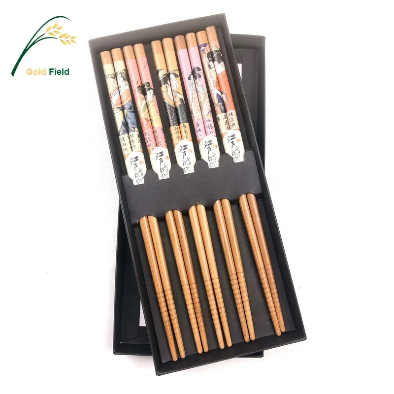 

High Grade Delicate 5PRS Bamboo Chopsticks Set, Bamboo color with 5 pattern