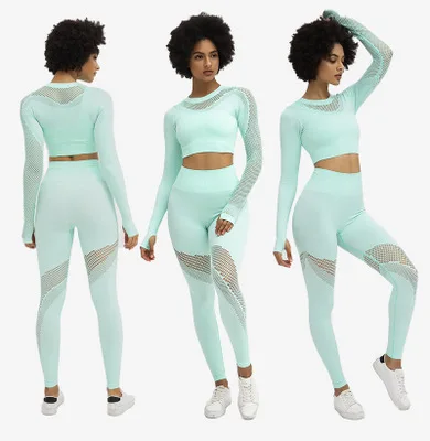 

2020 High Quality Women's Long Sleeved Sports Fitness Yoga Wear Breathable Hollow Stretch Jogger Clothing Casual Two-piece Set, Multi color