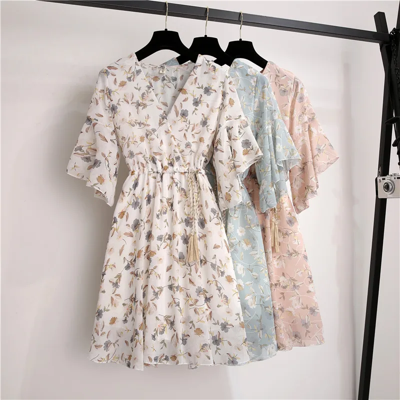 

Spring Summer Chiffon Dress Women Knee Length V-Neck Print Dresses Sweet Ruffle Sleeve Slim New Casual Drawstring Women Dress