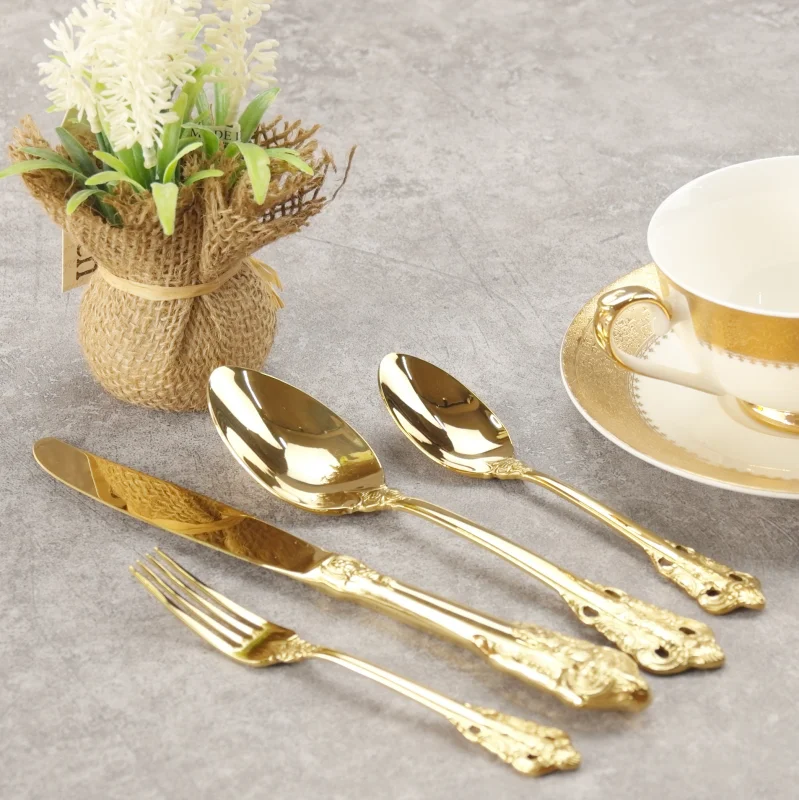 

Luxury Gold Classic Royal Wedding Flatware Spoon Fork Knife Set 18/10 304 Stainless Steel Cutlery for Restaurant Wedding