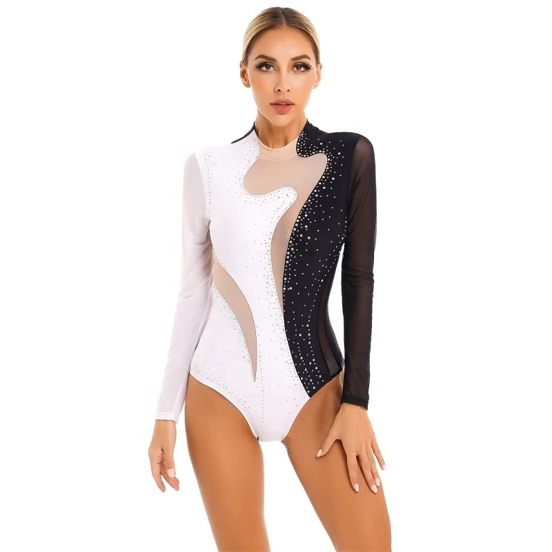 

Womens Color Block Patchwork Sparkling Rhinestone Sheer Mesh Long Sleeve Dance Leotard for Gymnastics Acrobatics Dance