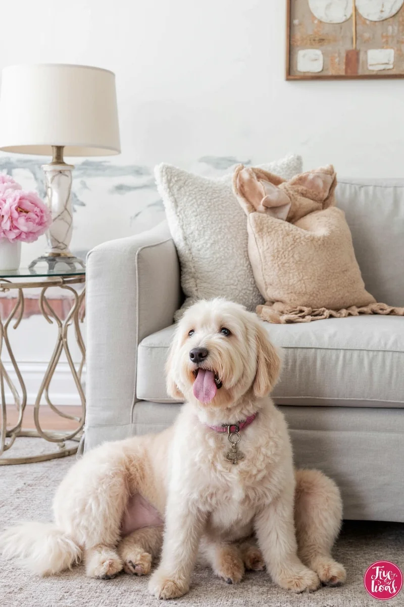 Stylish peony-decorated home office with a sleeping dog curled up in a matching bed