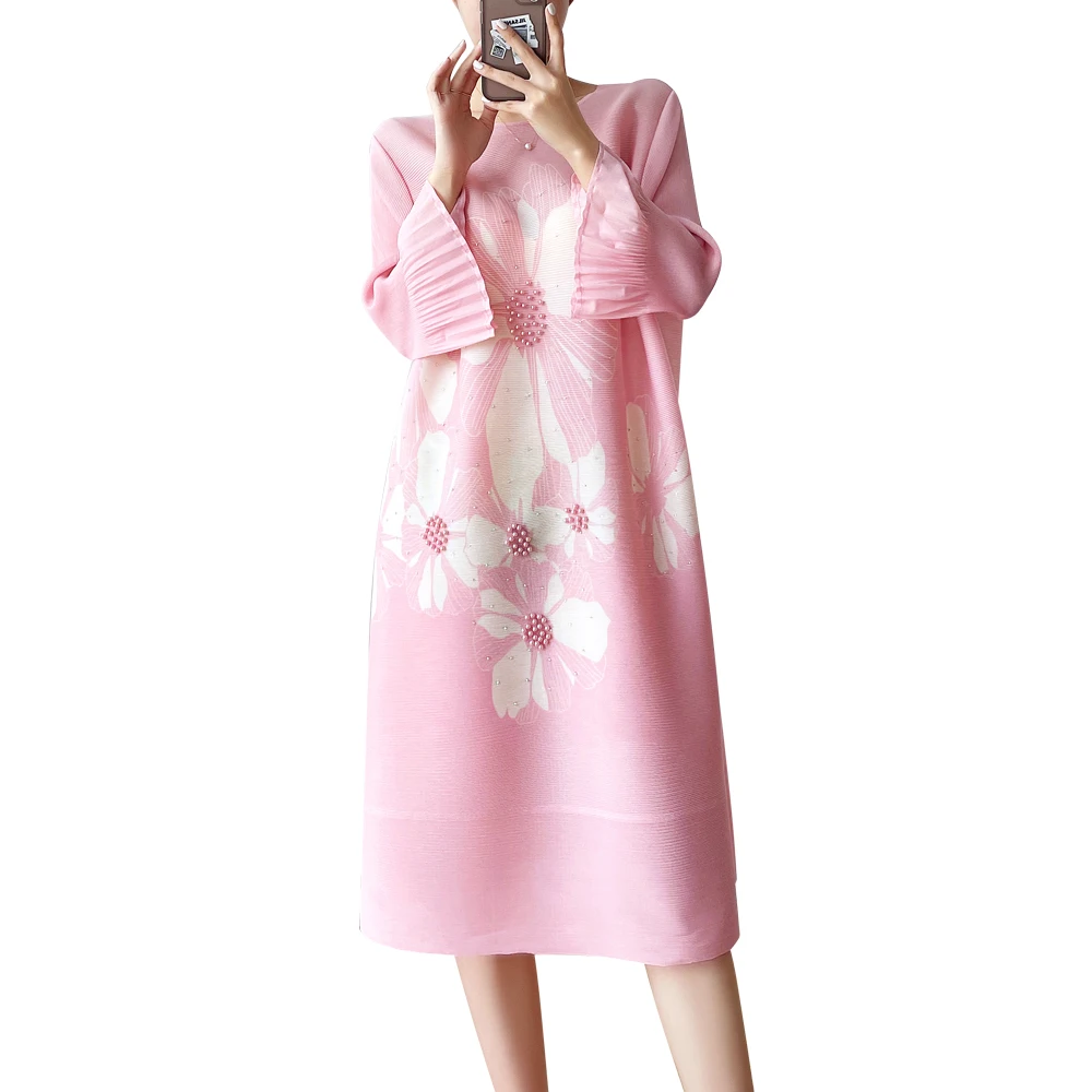 

FXZ Chinese style new fashion casual women plus size beaded flare sleeve pleated dress 2021, Customized color
