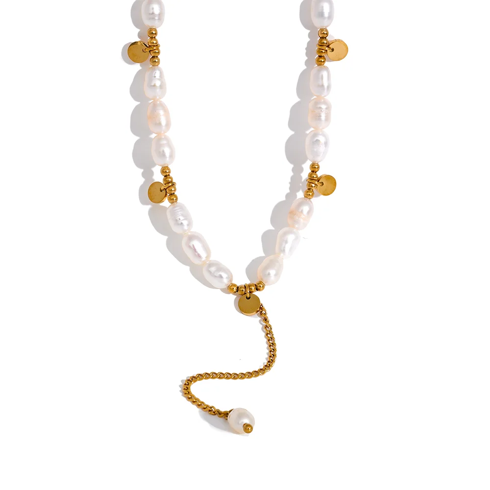 

JINYOU 2257 Elegant Natural Freshwater Pearls Chain Long Drop Stainless Steel Handmade Luxury Bib Necklace Jewelry Bijoux Women