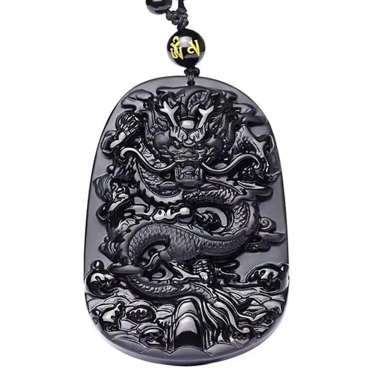 

Lucky Amulet Pendant Necklace Female Male Brave Jewelry Hand Carved chinese long with crystal Obsidian Pendant & n, Black