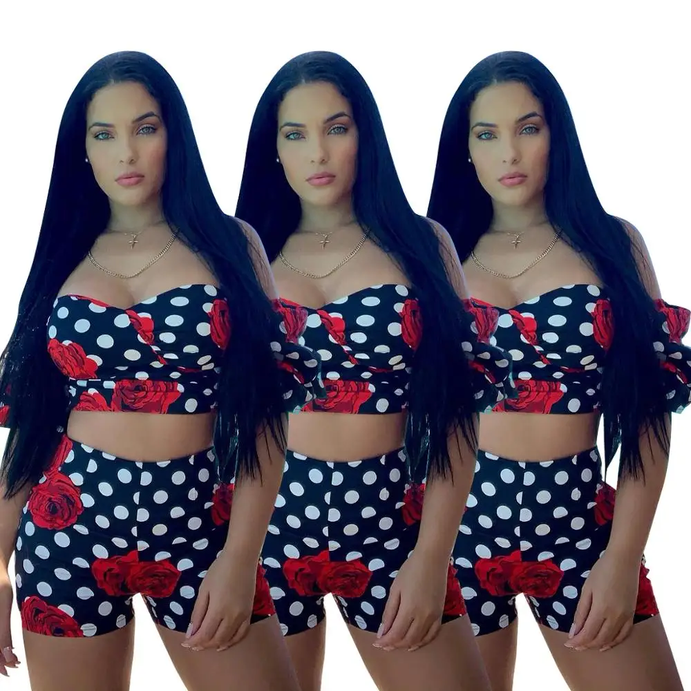 

New Arrival 2020 Spring and Summer off shoulder boob tube top print sexy women two piece set FM-FA7002, As picture