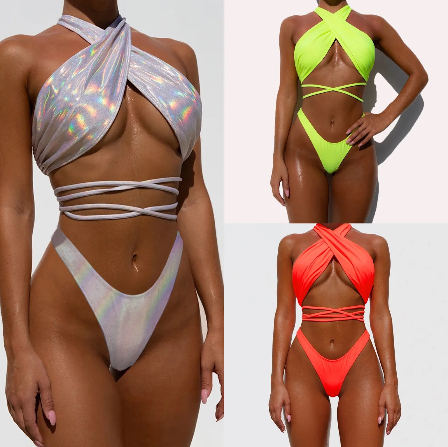 

2021 Bikinis Women Sexy Swimwear Designer Two Piece set Silver Sparkling Solid color Backless beach Bikini suit, As picture or customized make