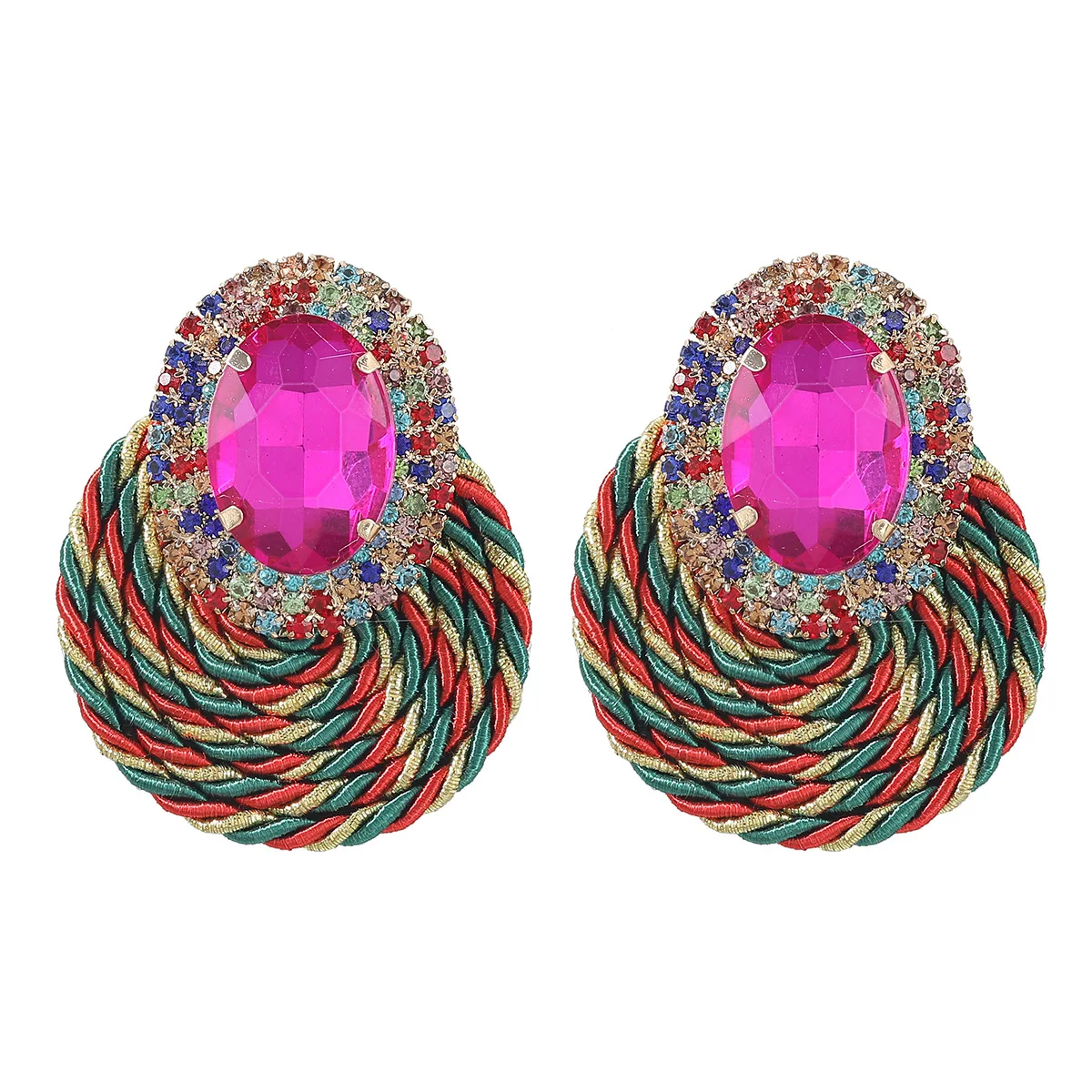 

New Fashion Geometric Shape Glass Diamond Polyester Elastic Thread Woven Round Earrings For Women Stud Earrings, Picture shows