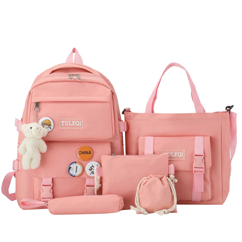 

New Design Factory Small Bear Women Knapsack 4 Pcs High quality PU Leather Mochila Backpack Set, 4 colors