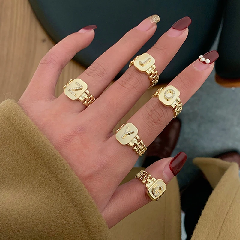 

Fashion Brass 18K Gold Plated 26 Letters Watchband Link Chain Diamond Ring Cubic Zirconia Alphabet Rings Jewelry Women
