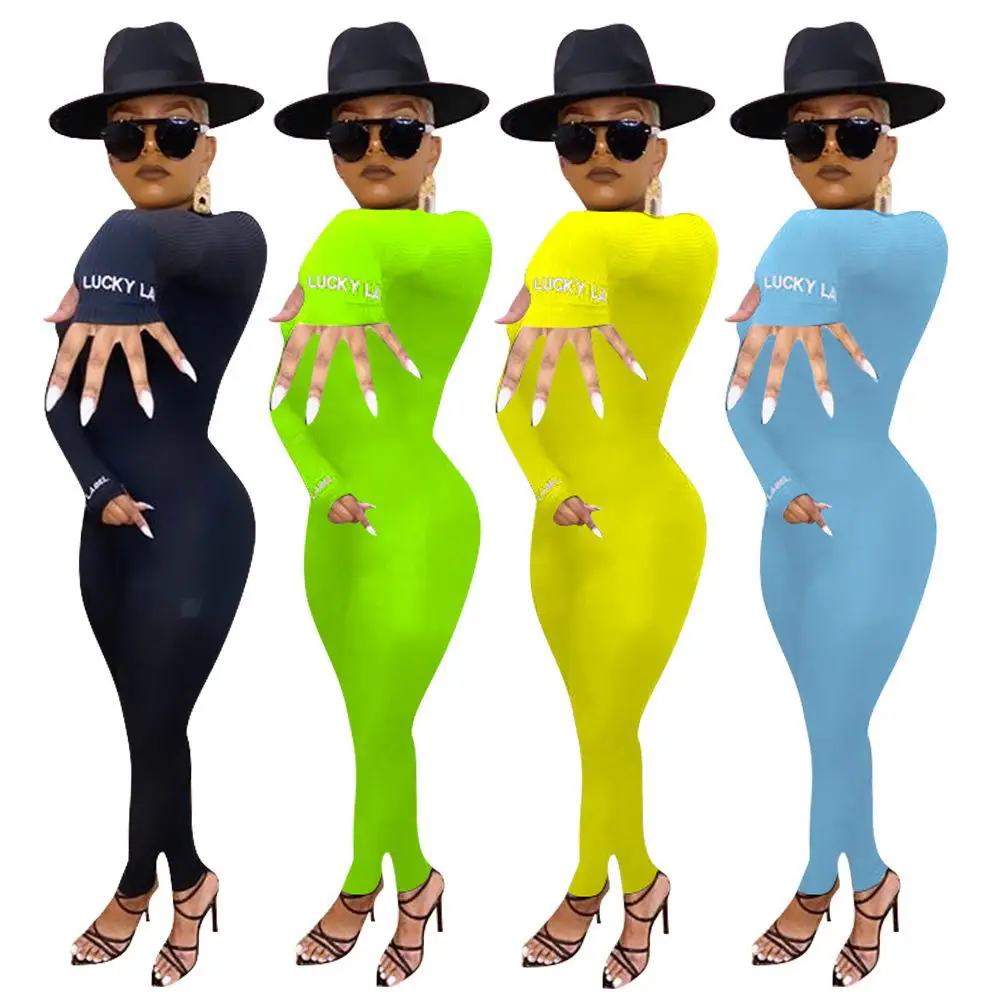 

Fashionable New Style Sexy Women O-Neck Solid color bodycon Jumpsuit Letter Print One Piece Jumpsuits And Rompers