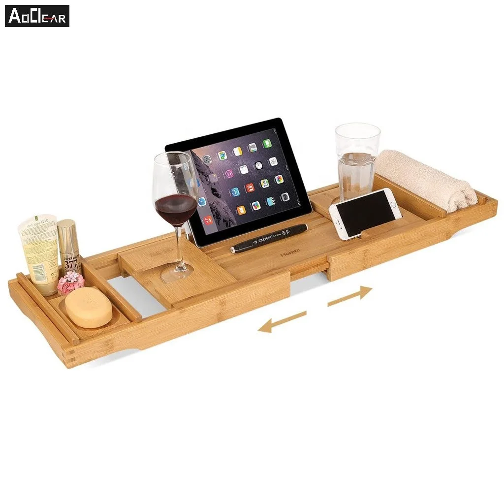 

bath accessories wholesale bamboo bathtub extending caddy tray organizer wine tablet, Natural bamboo color/white/grey