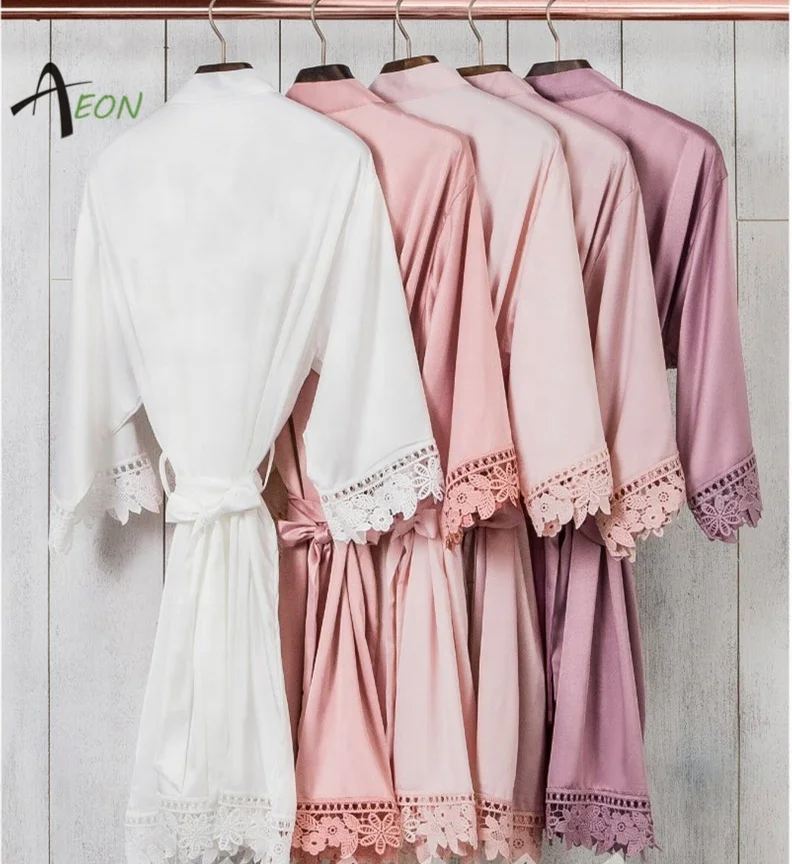 

Women's Matte Satin Kimono Wedding Robe for Bride and Bridesmaid with Lace Trim