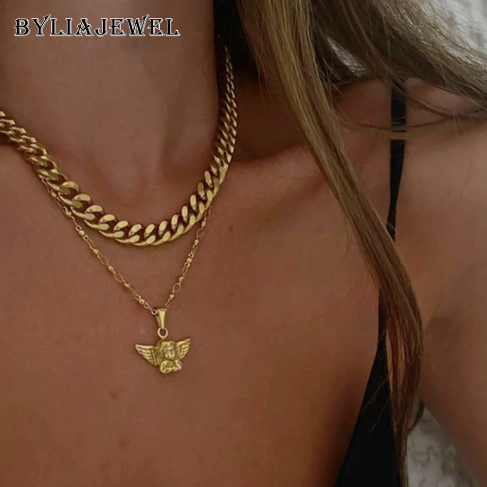 

Divine 2pcs/set Small Circle Gold Silver Color Paperclip Choker Chain Angel Pendent Necklace