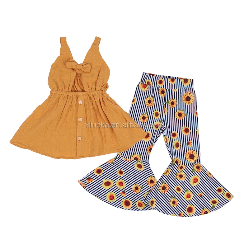 

High Quality Sunflower Bell Pants Girl Clothing Set Fall Style Kids Boutique Outfits, Picture