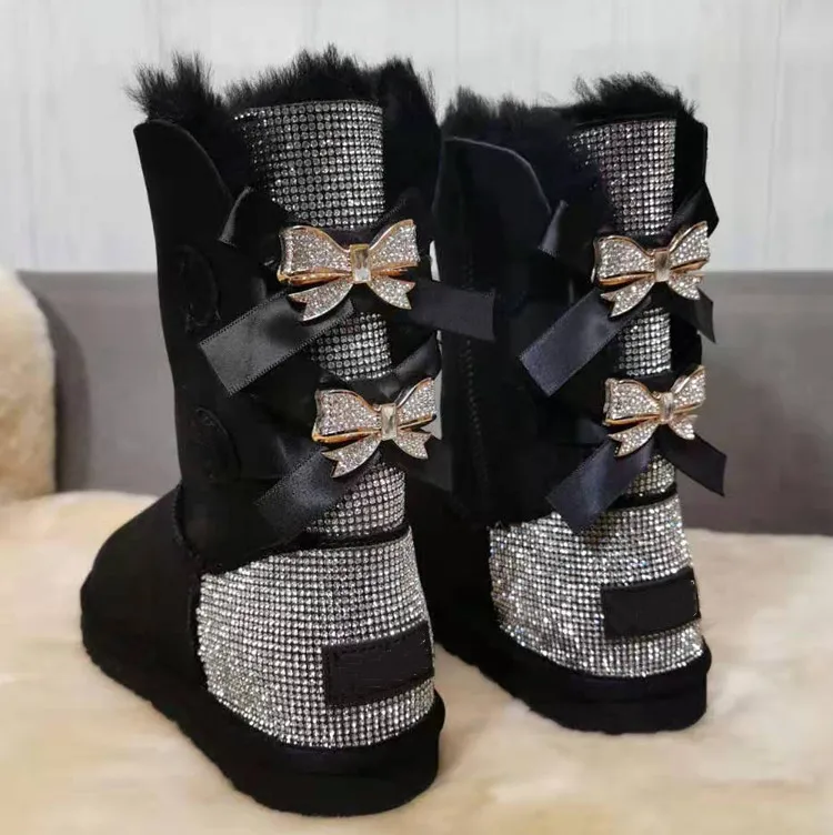

2022 New Design Suede Snow Boot Diamond 2 Bows High quality Woman Knee High Snow Boot Woman Winter Shoes Luxury Boots for Women