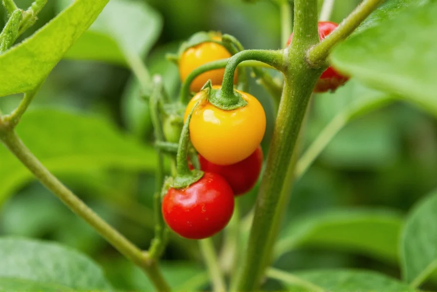 Close-up view of wiri wiri peppers growing on plant in tropical environment, showing small red and yellow berries against green foliage