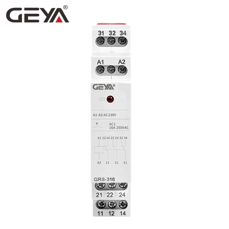 

GEYA GR8-316 Din Rail Type AC DC 12V 24V 230V Switch Relay Intermediate Relay Auxiliary Relay 16A ROHS Approve
