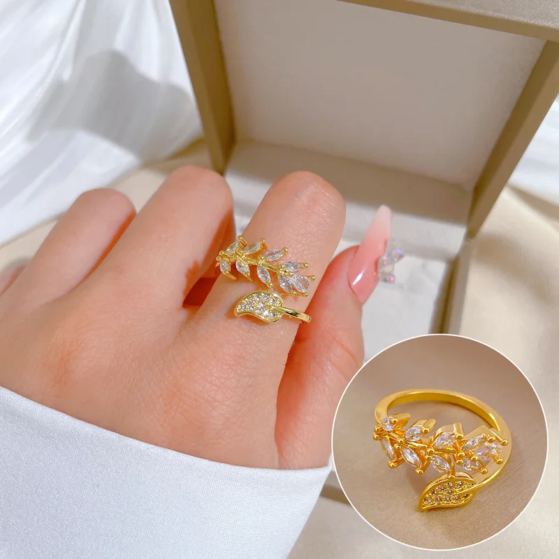 

Real Gold Plated Inlaid Full Zircon Rings Leaf Open Adjustable Ring For Women