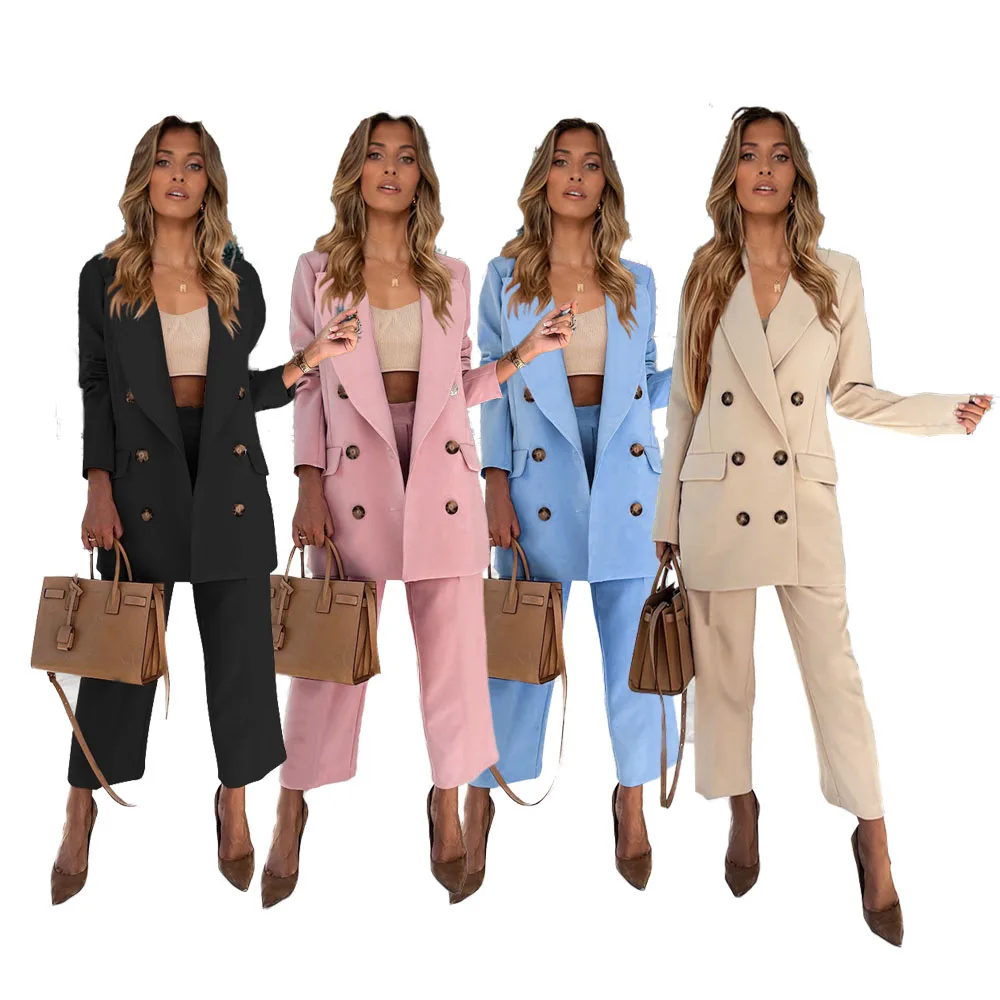 

D11546 Fall fashion lounge wear set large lapel double-breasted suit jacket straight trousers office suits set for women