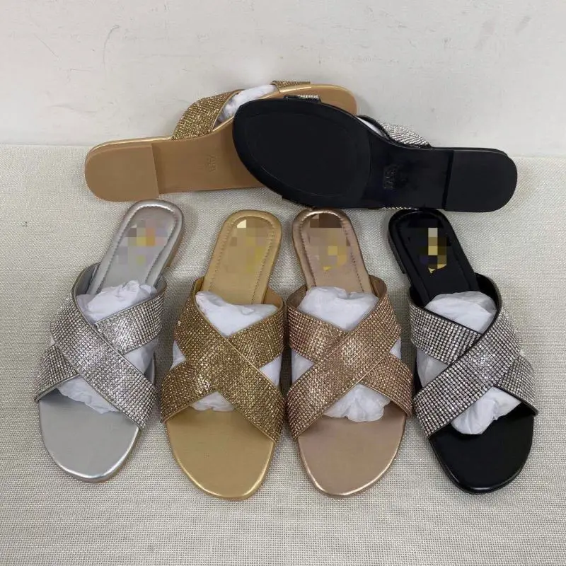 

2021 Europe & American summer new arrivals shoes simple rhinestone crossover leisure outdoor slippers, Black, brown, gold, silver