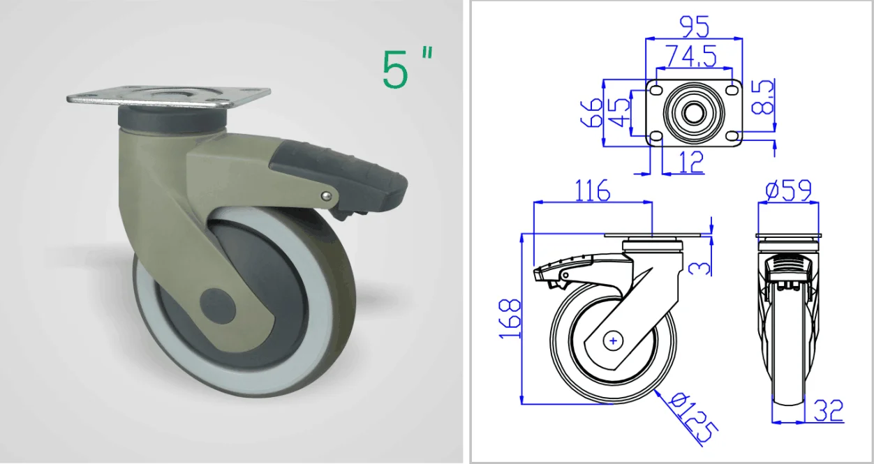 5" Solid Round Stem Water Proof Anti Corrosion Nylon Plastic Yoke Brake TPR Medical Toilet Chair Wheel Caster