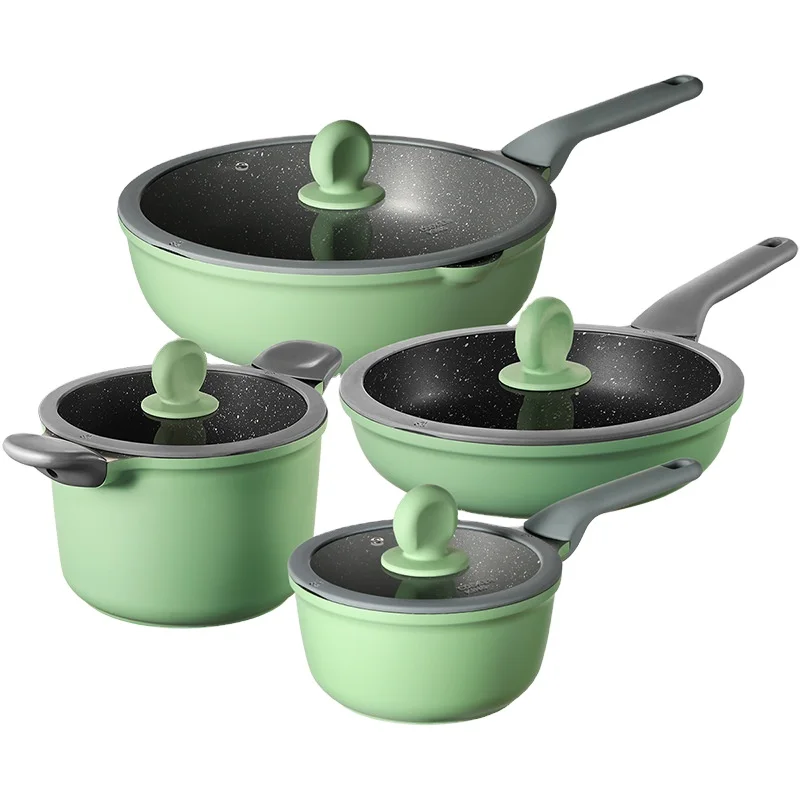 

High-quality non-stick cookware bamboo bluestone milk pot soup pot four-piece household cookware set, Green