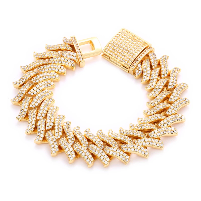 

Factory 18mm 18k Gold Iced Out Bracelet Rhinestone Zinc Alloy Gold Prong Cuban Chain Wholesale Hip Hop Jewelry