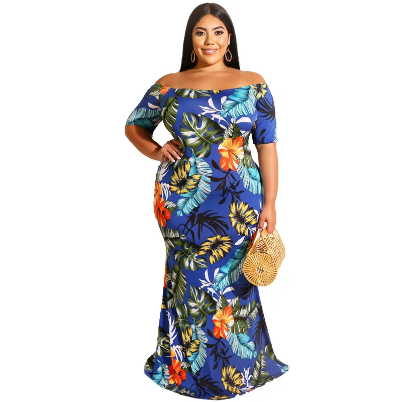 

2021 casual Wholesale New Arrive Spring Fall Women Clothing Plus Size Floral Layered Ruffle Off Shoulder Dress, 2colors