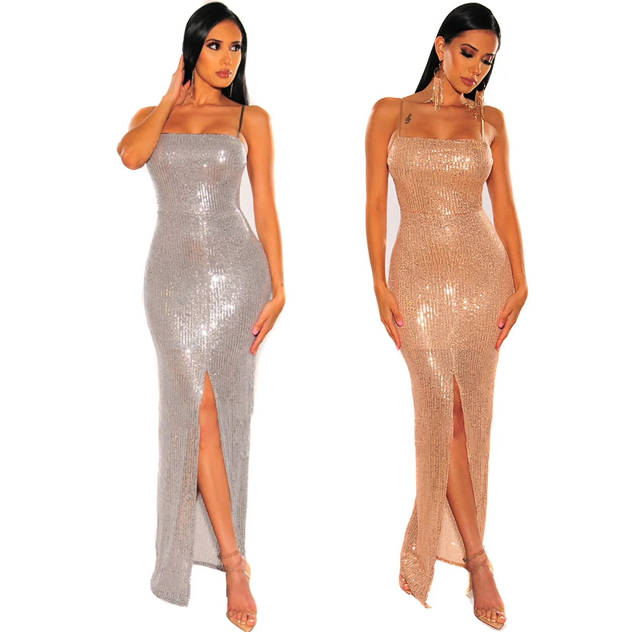 
High-end Maxi Cocktail Slit Slip Dress Bodycon Sheath Party Dresses Women Lady Elegant Sexy Sequin Evening Dresses 