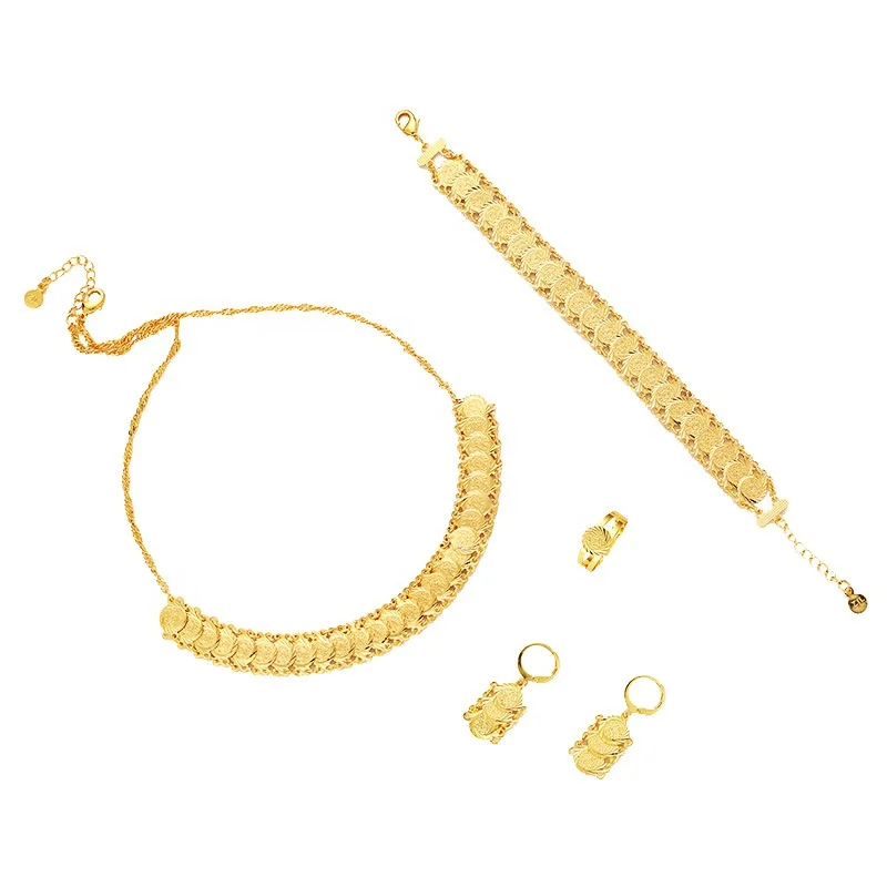 

Golden Jewelry Sets Coin Necklace Long Earrings luxurious Bracelet adjustable Ring Plated Gold fashion RetroArabian jewelry, Silver