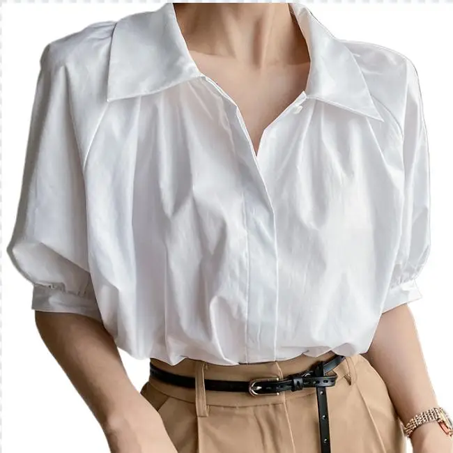 

Top 80 Egyptian cotton! Square button short sleeve shirt age reduction French summer retro bubble sleeve shirt