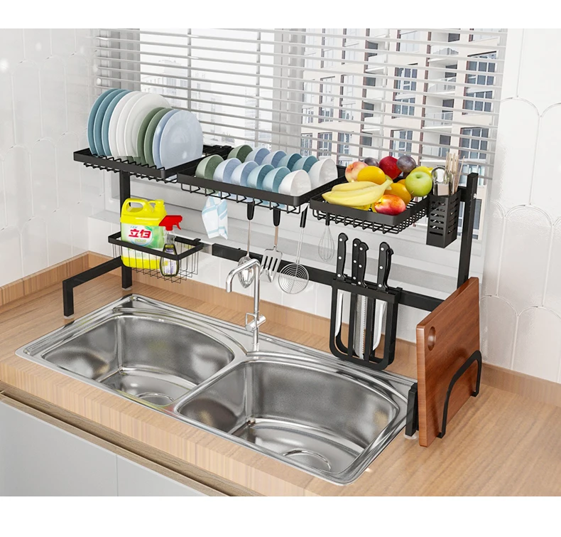 

Adjustable Stainless Steel Dish Drainer Rack Kitchen Over The Sink Dish Drying Rack, Black