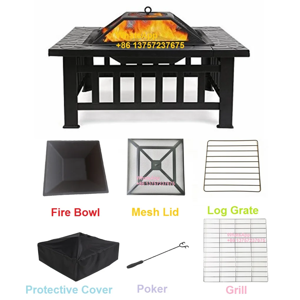 

Garden Wood Burning 32 inch Patio camping Square BBQ steel Fire pit, Black