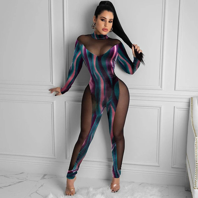 

Elegant See Through Mesh Long Sleeve O Neck Back Zipper Jumpsuit 2021 Fall Winter Women Fashion Club Casual Clothing, Picture show