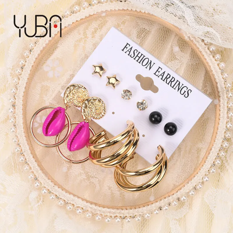 

Wholesale Hot Selling Women Star Earrings Jewelry French Circle Shell Big Hoops Earring Set, Picture