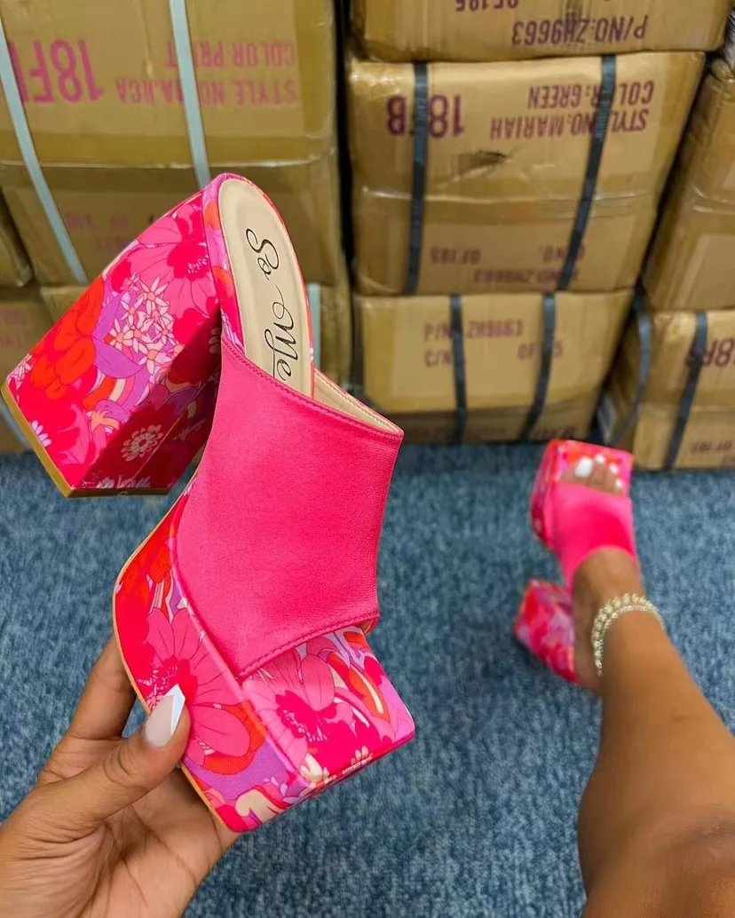 

BUSY GIRL LG1087 sandals 2023 square toe thick heels chunky platform mules slippers ladies pink heels shoes for women