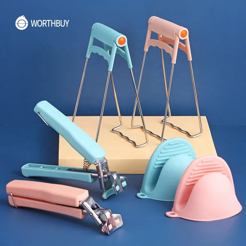 

WORTHBUY Multifunctional Anti-Scald Dish Plate Clips Set With Silicone Gloves Kitchen Dish Plate Clamp Pot Bowl Holder Tools, Pink, blue