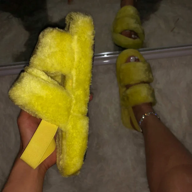 

Elastic SlingBacks Slippers Double Band Spring Furry Flat Slippers Shoes Women's Sandals, Yellow black grey leopard mixed