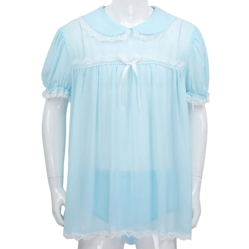

iEFiEL Men Sissy Chiffon Lingerie Outfit Frilly Ruffled Short Sleeve Ruffled Doll Collar Dress with Sexy Underwear Panties