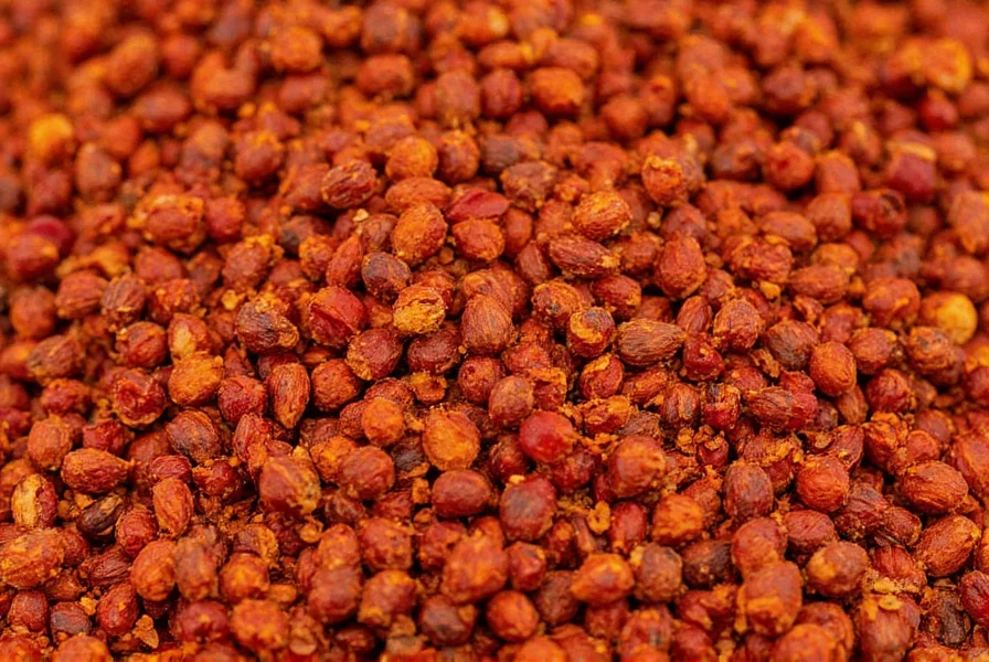 Close-up of authentic Sichuan red pepper flakes showing distinctive reddish-brown color with visible Sichuan peppercorn particles