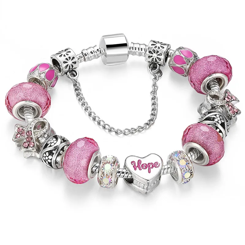 

Hot Sales New Design Silver Plating Snake Chain Pink Beads Crystal Ribbon Breast Cancer Bracelet for Girls Women