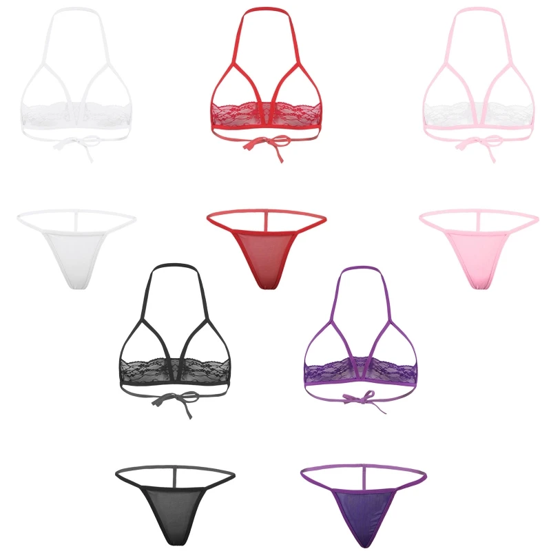 

Low Price Womens Lace Transparent Open Cup Bra with Mesh G-string Briefs Lingerie Suit