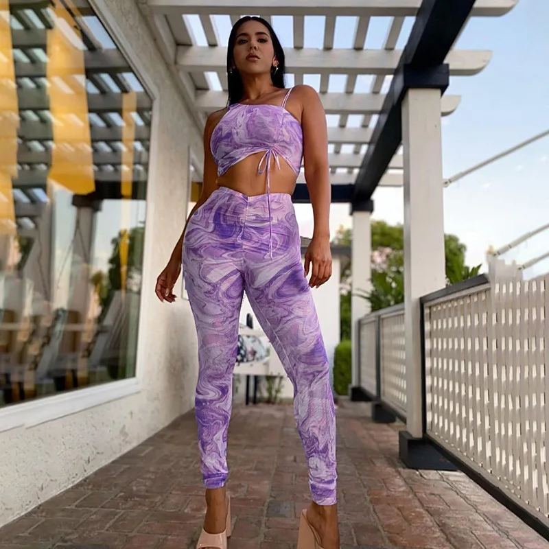 

2021 fall women wave pattern asymmetrical drawstring Cro Top Two Piece Pants Set Women Clothing, Picture color