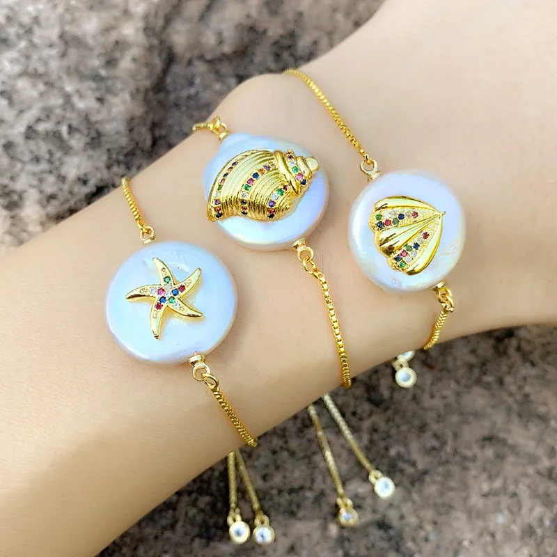 

2020 Bohemian Rainbow Natural Shell Starfish Bracelet 18k Gold Cubic Zircon Conch Shell Bracelet For Women, As picture