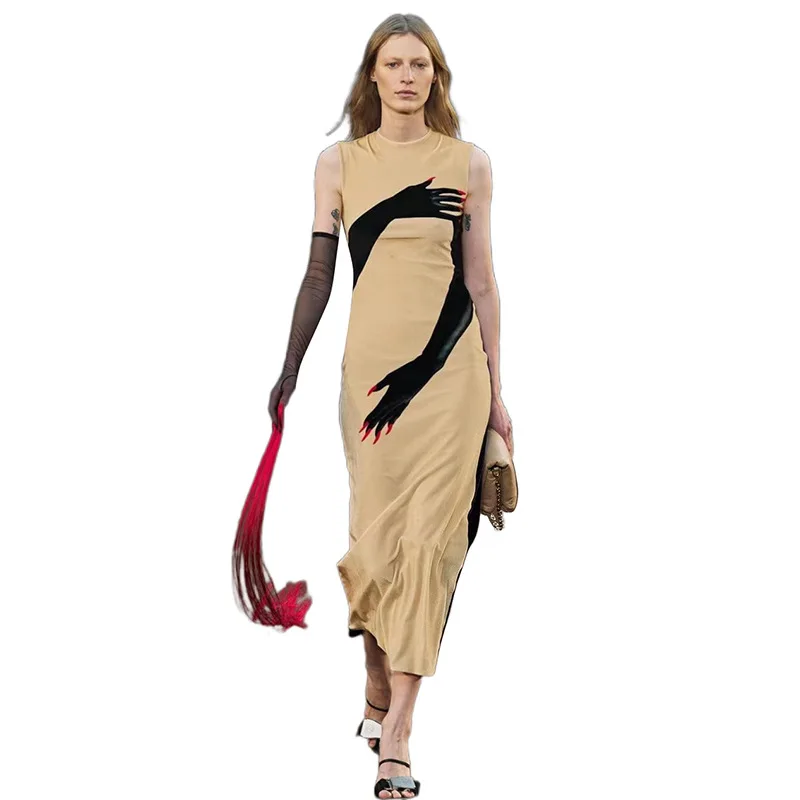 

Hanrong Classic Personality Design Print Patchwork Maxi Dress Women O-neck Sleeveless Slim Dress New Female Trend Streetwear