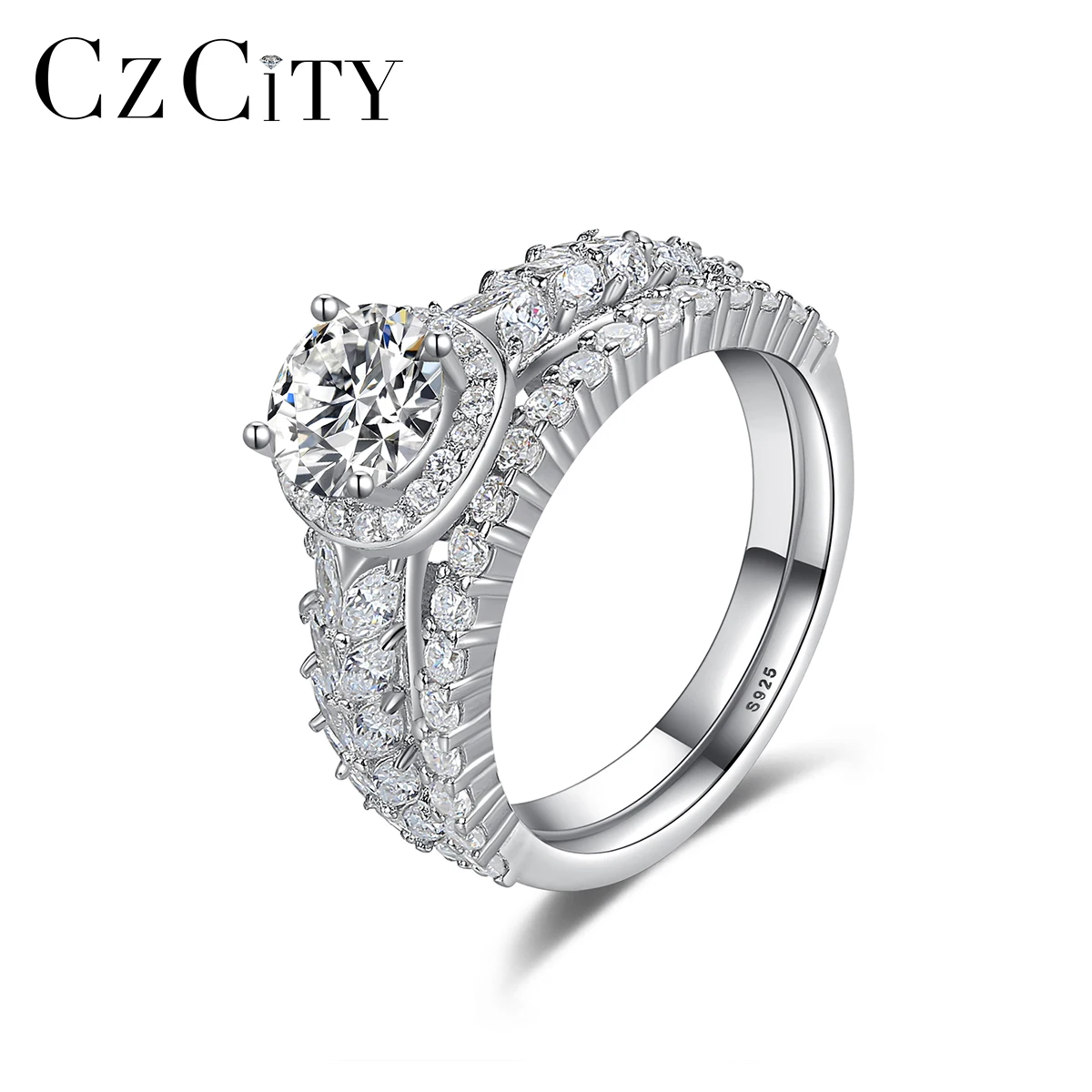 CZCITY Love Luxury Rings 925 Wedding Ring Sets Sterling Silver Cubic Zirconia Wedding Jewelry