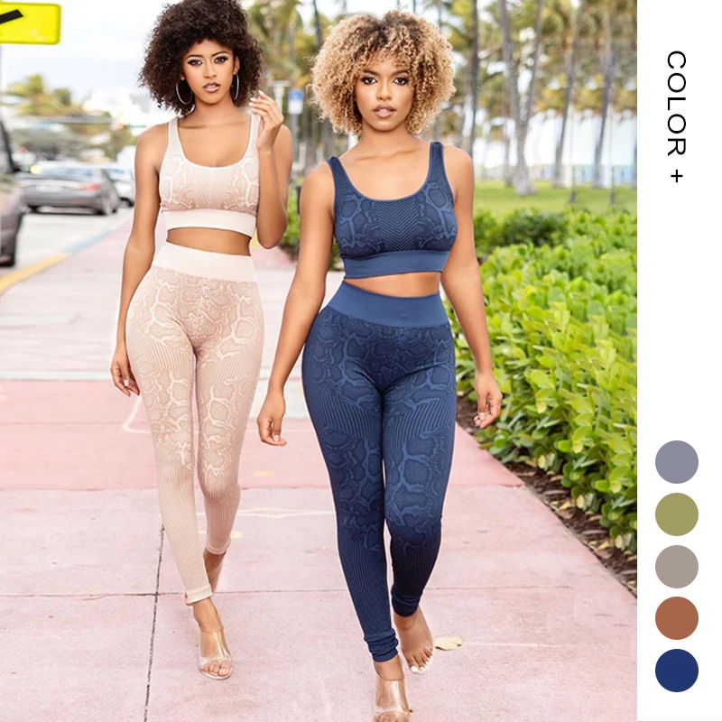 

Custom Sportswear Dropshipping Lady Yoga Wear Set Snake Printed Activewear Sets For Women, Khaki/gray/blue/yellow/brown/pink/red/dark yellow